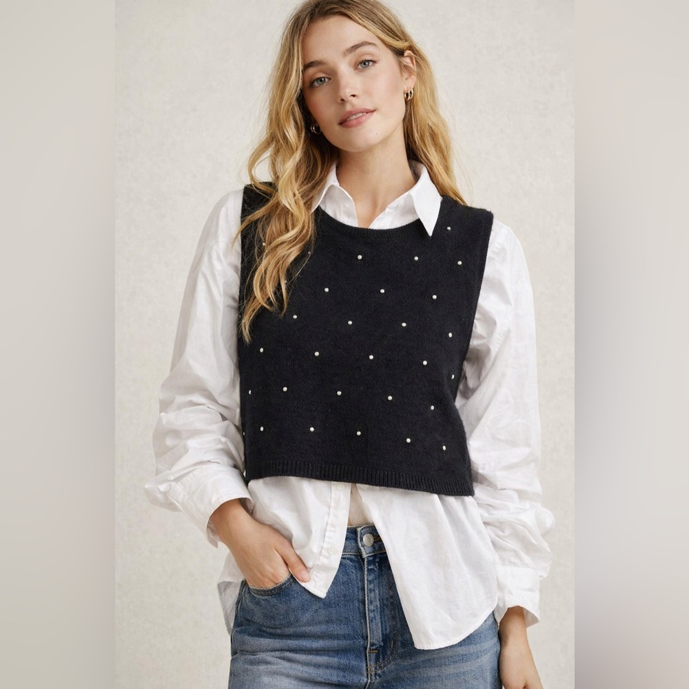 Vintage Lambswool Angora Sweater Vest Black Studded Sleeveless Knit Top Size M
